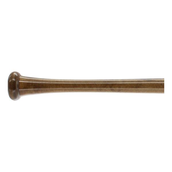 Side view of a brown wood baseball bat with a rounded knob and three distinct grooves.