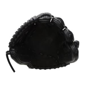 Top-down view of a black baseball glove with stitched finger stalls and a large pocket.