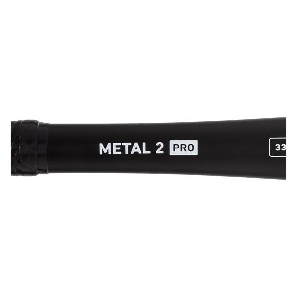 Close-up of a black baseball bat with METAL 2 PRO and 33 printed in white.