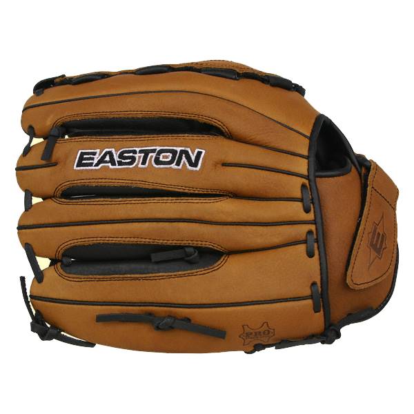 Top-down view of a brown baseball glove with EASTON branding and black lacing.
