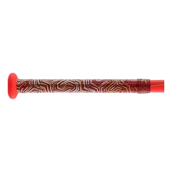 Side view of a red baseball bat with a geometric patterned grip.