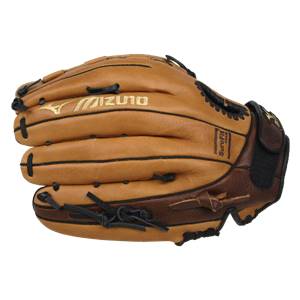 Top-down view of a tan fastpitch glove with black lacing and Mizuno branding.
