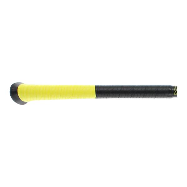 Side view of a black and yellow baseball bat with a yellow grip and black textured handle.