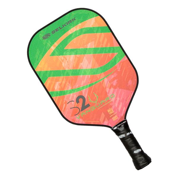 Top-down view of a multi-colored pickleball paddle with SELKIRK and S2 VANGUARD branding.