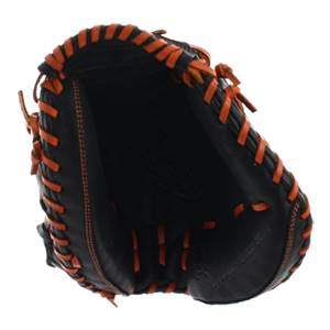 Top-down view of a black baseball glove with orange stitching and a textured interior.
