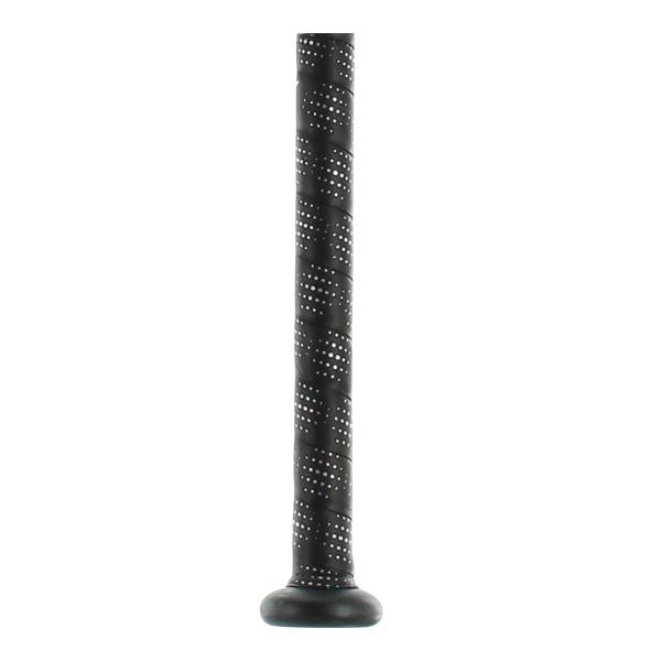 Close-up of a black baseball bat grip with a spiral pattern and white dots.