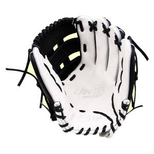 Top-down view of a white and black baseball glove with Liberty Advanced text and yellow accents.