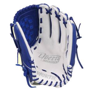 Interior view of a royal blue and white baseball glove with Liberty Advanced and WORTH branding.