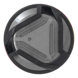Top-down view of a black baseball bat end cap with a gray triangular design and black protective rim.
