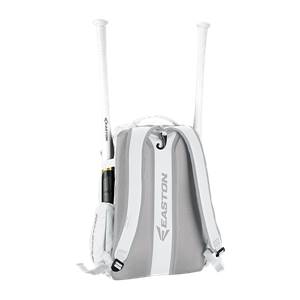 Back view of a white Easton bat bag with gray mesh and two white bats.