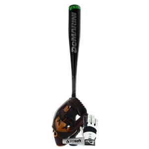 Front view of a black baseball bat with green accents, a brown baseball glove, and a white batting glove.