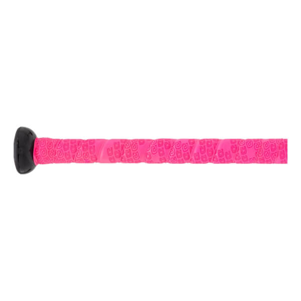 Side view of a pink baseball bat grip with a repeating pattern and a black end cap.
