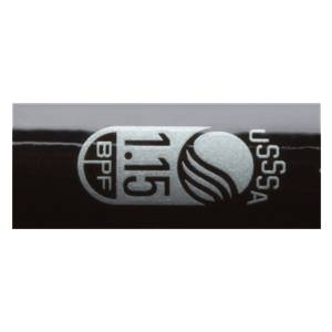 Close-up of a black tee ball bat with BPF 1.15 and USSSA markings.