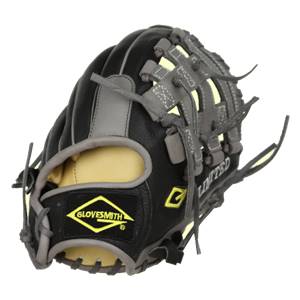 Side view of a black baseball glove with tan interior, grey accents, and LIMITED text.