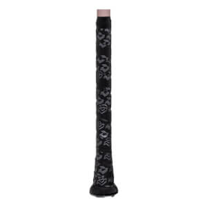 Handle view of a black baseball bat grip with gray patterned texture, black knob, and rose gold shaft.