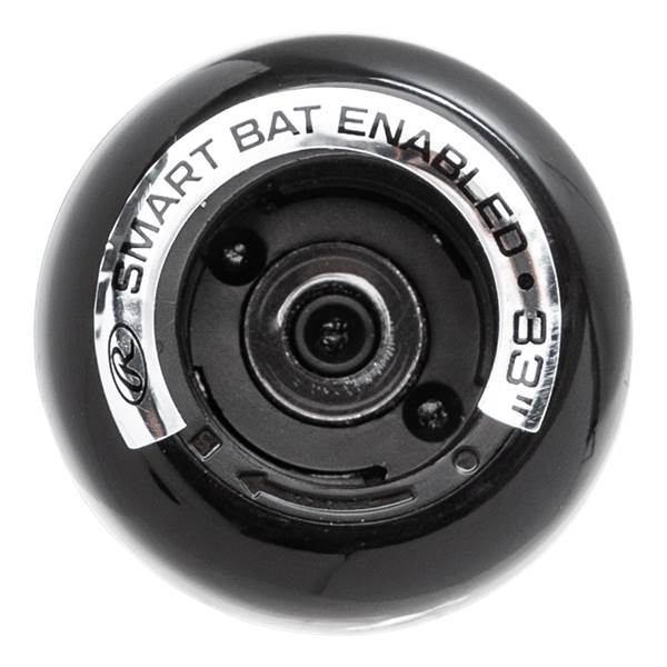 Top-down view of a black baseball bat end cap with SMART BAT ENABLED text and 33 marking.