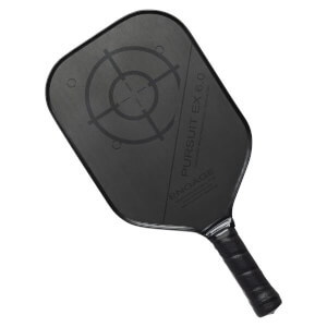 Top-down view of a black pickleball paddle with a target design and ENGAGE PURSUIT EX 6.0 text.