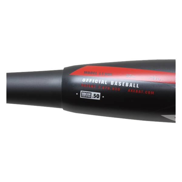 Close-up of a black baseball bat with red accents, OFFICIAL BASEBALL text, and BBCOR CERTIFIED .50 logo.