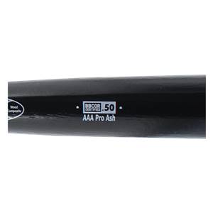 Close-up of a black baseball bat with Wood Composite, BBCOR CERTIFIED .50, and AAA Pro Ash text.