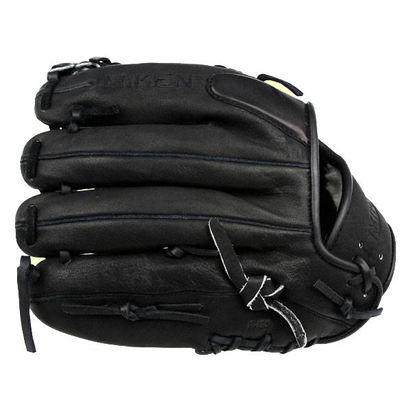 Side view of a black Miken baseball glove with MIKEN embossed on the wrist strap and white stitching.