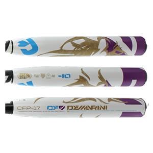 Bottom view of a white DeMarini CF9 Fastpitch Softball Bat with purple and gold graphics and CFP-17 branding.