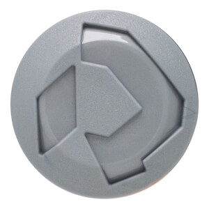 Top-down view of a gray softball bat endcap with a recessed geometric design.