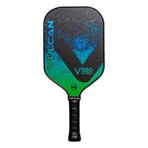 Front view of a black pickleball paddle with green and blue splatter design, V560 Power text, and Vulcan branding.