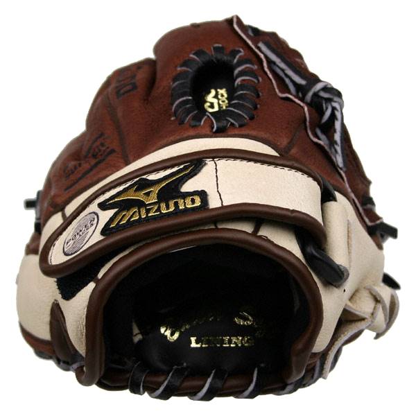 Top-down view of a brown and cream baseball glove with Mizuno branding and POWER text.