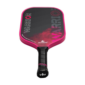 Top-down view of a pink pickleball paddle with black WARRIOR text and Diadem branding.
