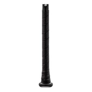 Close-up of a black baseball bat grip with a textured pattern and a white logo at the top.