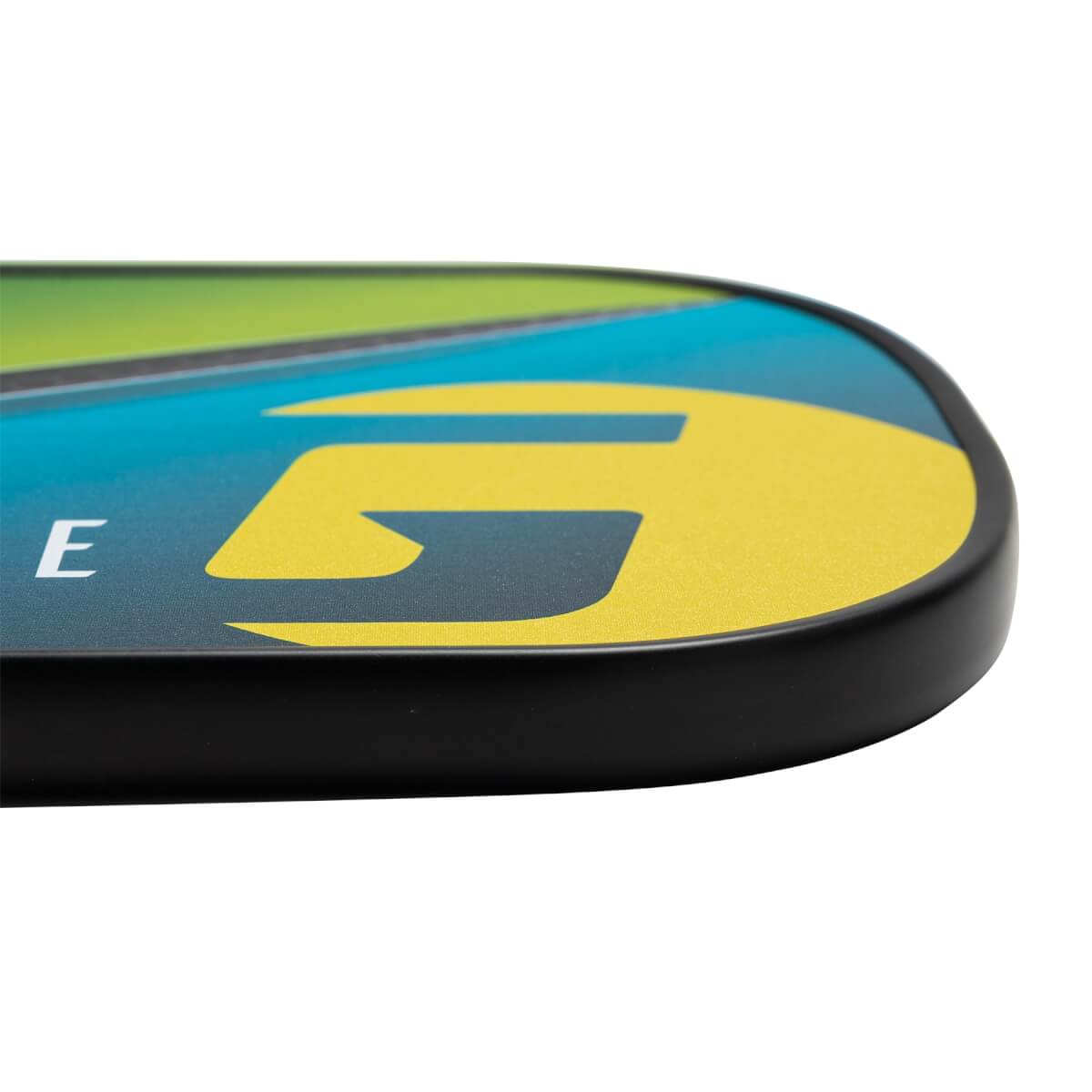 Corner view of a black pickleball paddle with a yellow G graphic and blue and green accents.