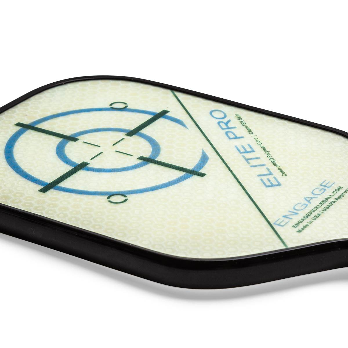 Top-down view of a white pickleball paddle with blue target and green lines, ELITE PRO and ENGAGE text.