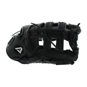 Side view of a black first base mitt with a white triangle logo and laced finger stalls.