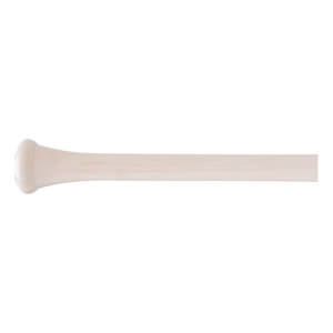 Side view of a light wood baseball bat with a rounded knob and smooth barrel.