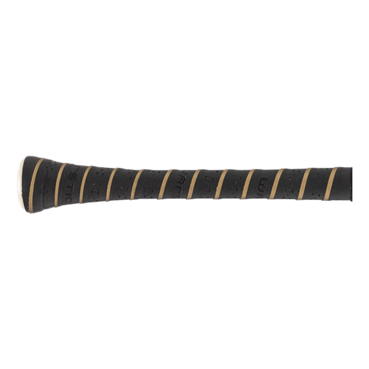 Close-up side view of a black bat handle with tan spiral stripes, perforations, white end cap, and WARSTIC text.