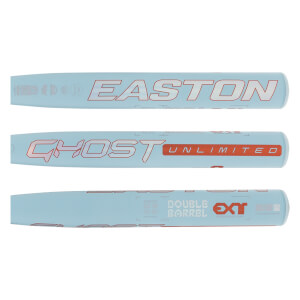 Multiple detail views of a light blue fastpitch softball bat with EASTON, GHOST UNLIMITED, and DOUBLE BARREL EXT text.