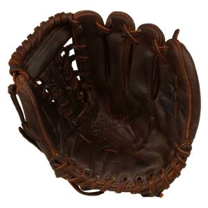 Top-down view of a brown baseball glove with visible lacing and a pocket.