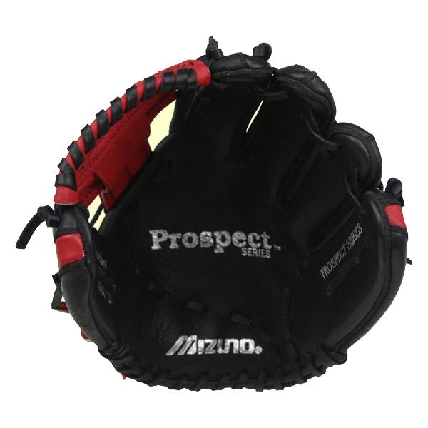 Inside view of a black youth baseball glove with red accents, Prospect Series and Mizuno. branding.