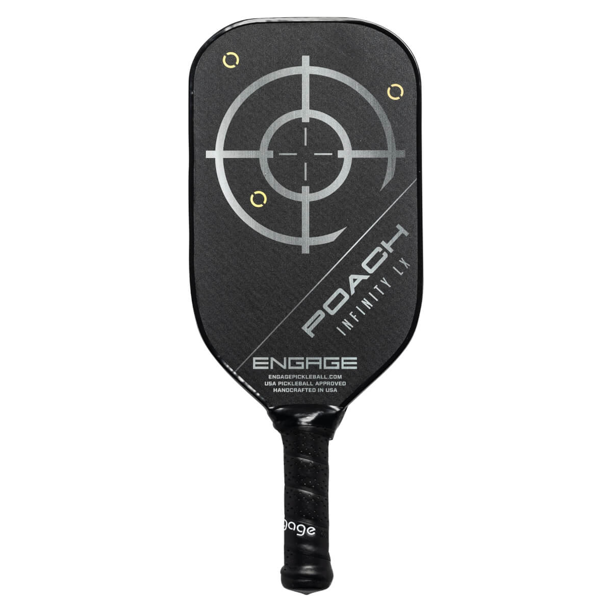 Front view of a black pickleball paddle with a target design, POACH INFINITY LX text, and ENGAGE logo.