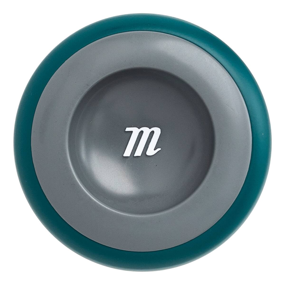 Top-down view of a teal and gray baseball bat with a white m logo.