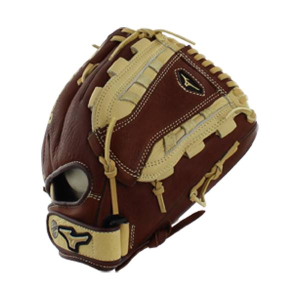 Side view of a brown fastpitch glove with tan lacing and a Mizuno logo.