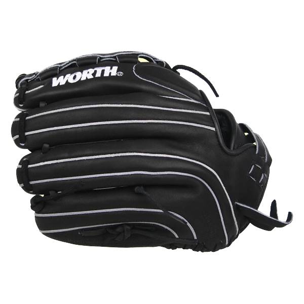 Side view of a black baseball glove with white stitching and WORTH logo.