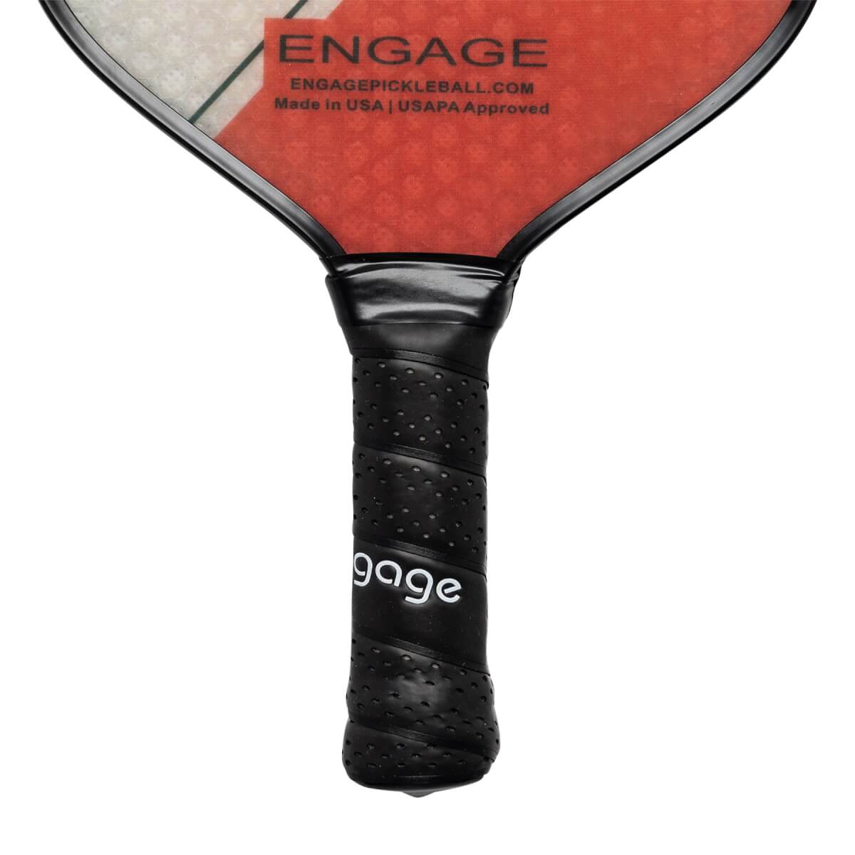 Close-up of a black pickleball paddle grip with white gage text and textured surface.