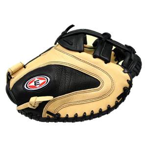 Front view of a tan and black catchers mitt with an Easton logo and black lacing.