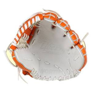 Top-down view of an orange and white baseball glove with white stitching and embossed Liberty Advanced and Worth logos.
