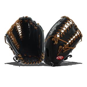 Side view of black baseball gloves with tan lacing and Rawlings branding.
