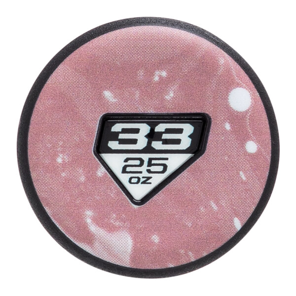 Top-down view of a pink fastpitch softball bat end cap with a mottled white pattern and a black diamond insert showing 33 25 OZ.
