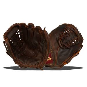 Front view of a brown baseball glove with red accents and visible lacing.
