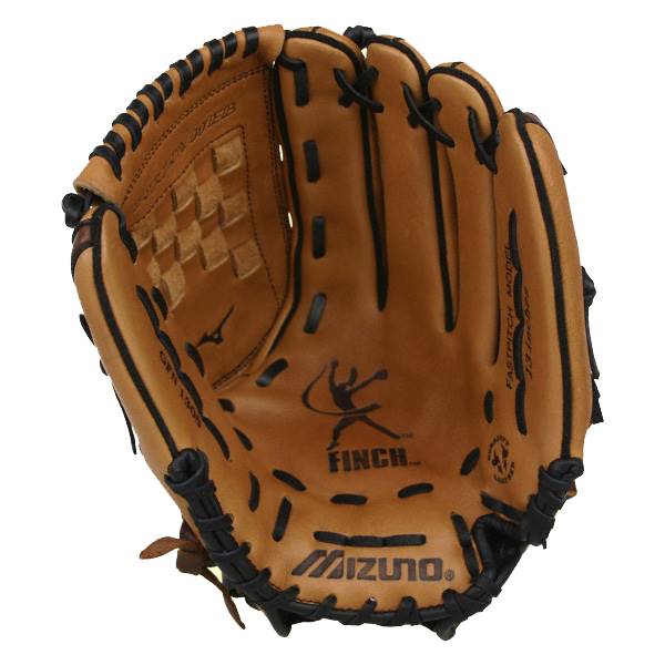 Inside view of a tan fastpitch glove with black lacing, Finch logo, and Mizuno branding.