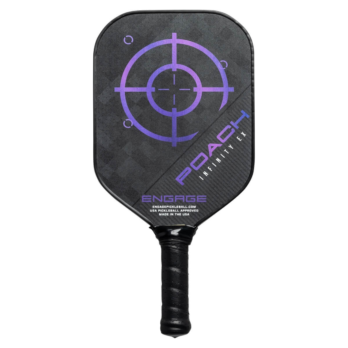 Front view of a black pickleball paddle with a purple target, POACH INFINITY EX text, and ENGAGE logo.